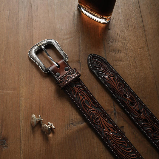 Men Belts Stetson Tooled Belt Dark Brown