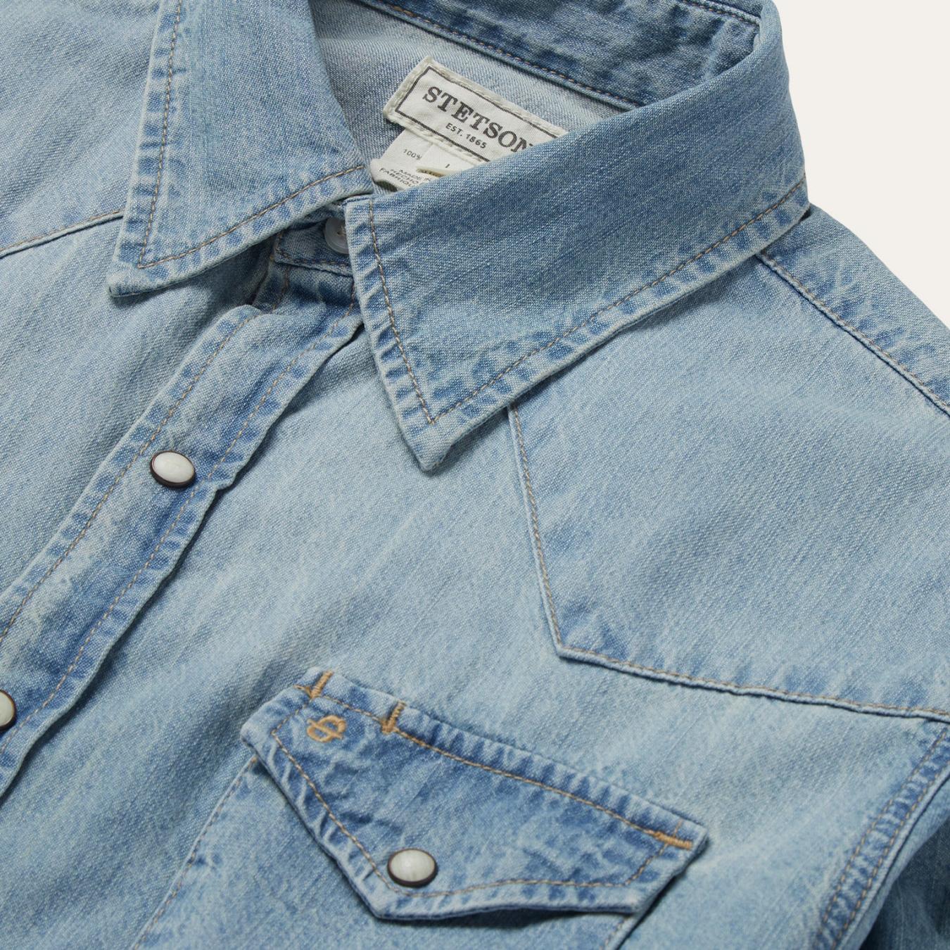 Men Denim Shirts Stetson Long-Sleeved Denim Shirt Blue