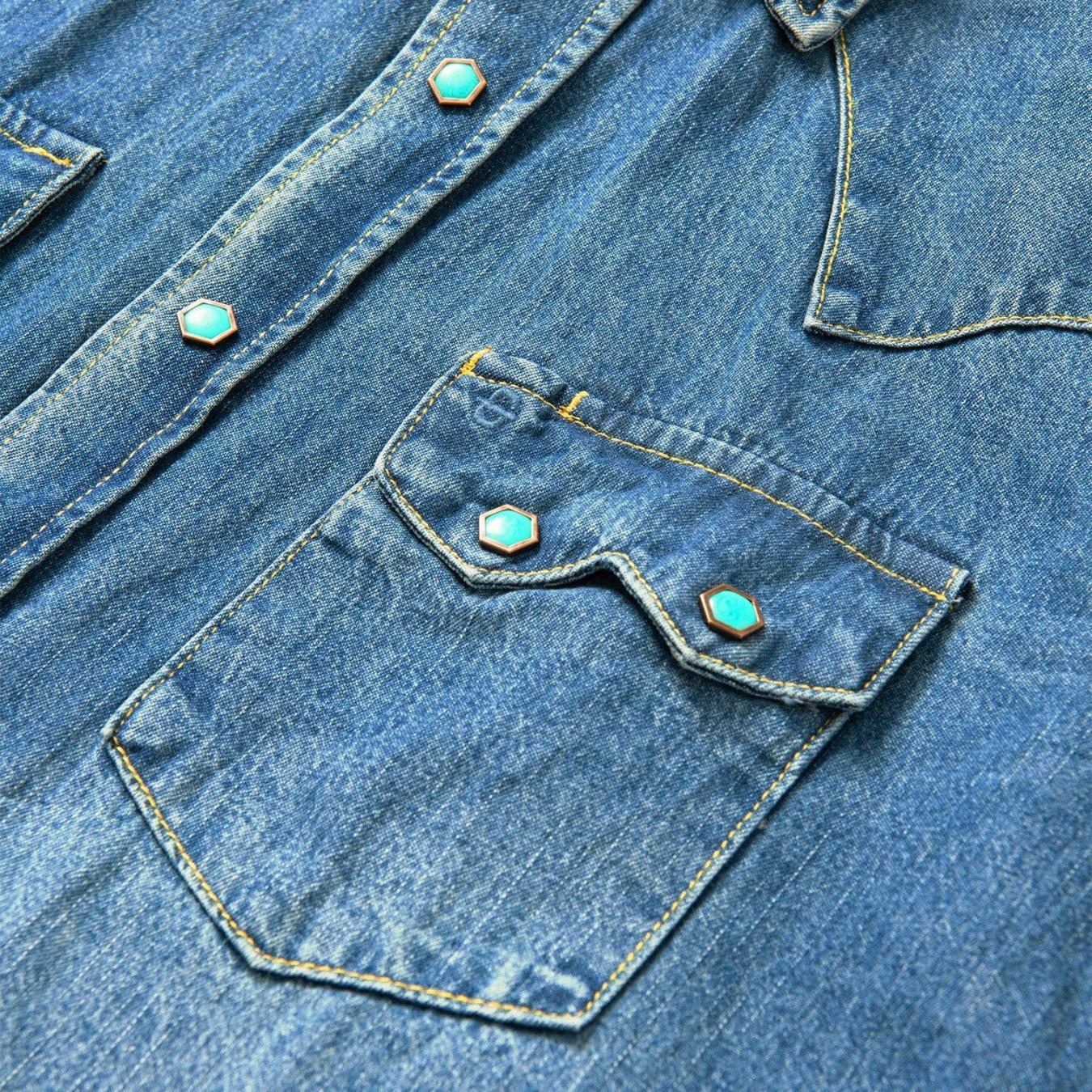 Men Denim Shirts Stetson Turquoise Snap Western Denim Shirt Blue