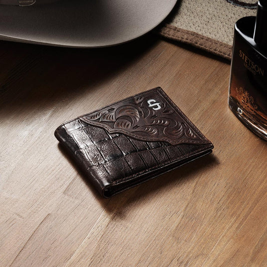 Men Wallets Stetson Tooled Embossed Ostrich Bi-Fold Wallet Brown