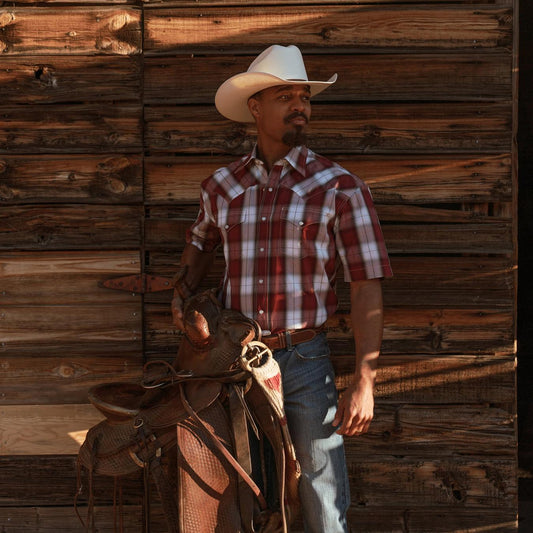 Men Western Shirts Stetson Shadow Plaid Short Sleeve Western Shirt Wine