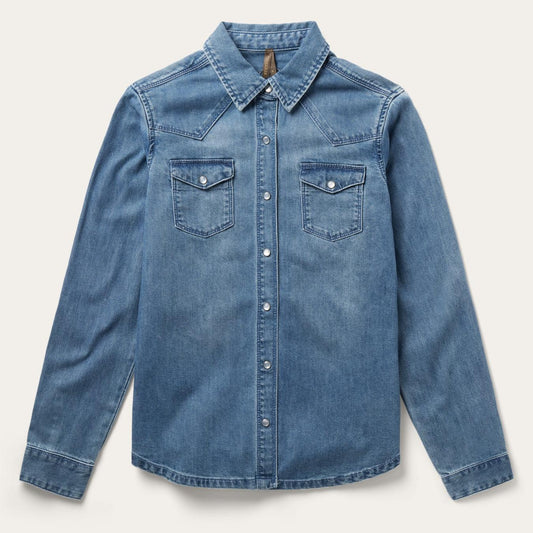 Women Denim Shirts Stetson Embroidered Boyfriend Fit Denim Shirt Blue