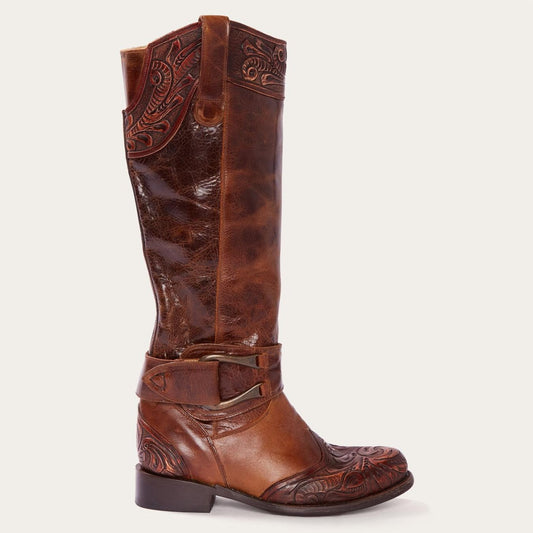 Women Western Stetson Burnished Cognac Paisley Side Zip Cowboy Boot Tan