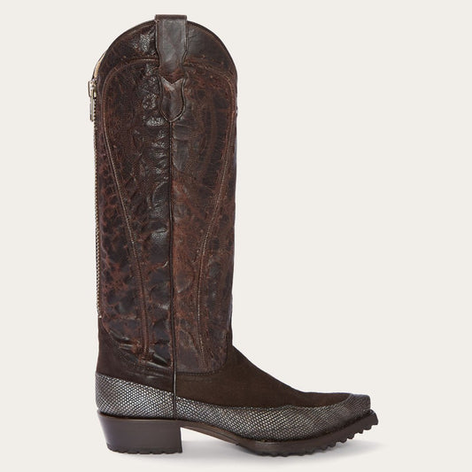Women Western Stetson Dakota Brown Suede & Teju Cowboy Boot Brown
