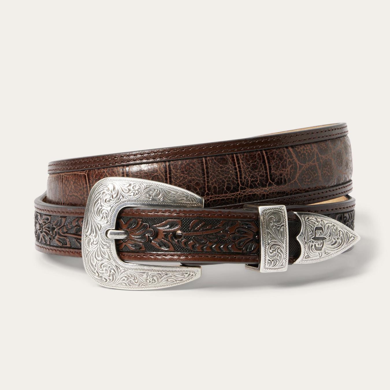 Men Belts Stetson Croco Print Tooled Tapered Belt Brown/cognac