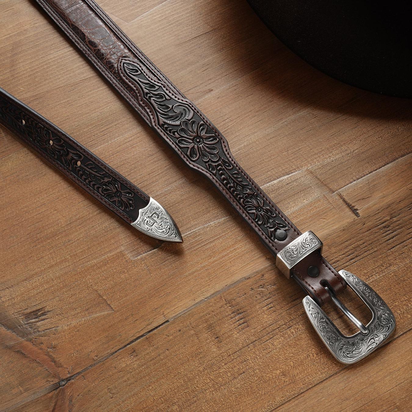 Men Belts Stetson Croco Print Tooled Tapered Belt Brown/cognac