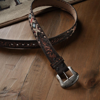 Men Belts Stetson Embroidered Tooled Tab Belt Vintage Brown