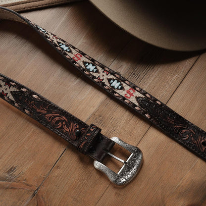 Men Belts Stetson Embroidered Tooled Tab Belt Vintage Brown