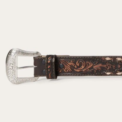 Men Belts Stetson Embroidered Tooled Tab Belt Vintage Brown