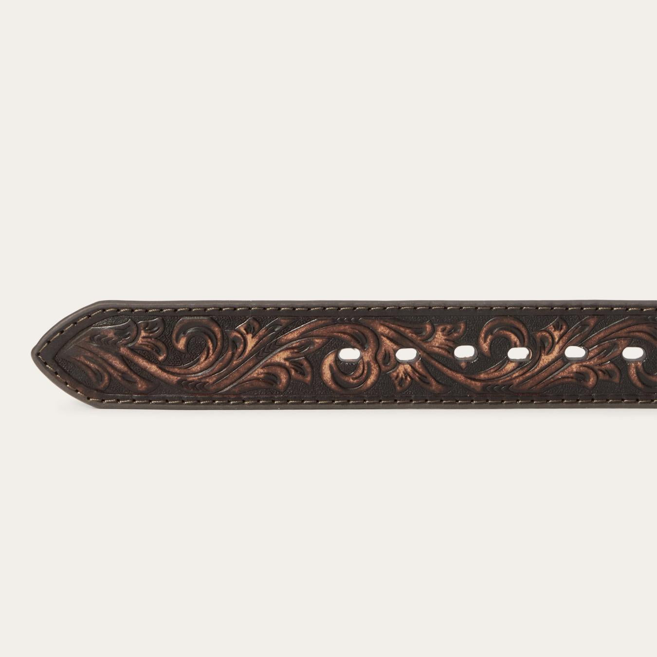 Men Belts Stetson Embroidered Tooled Tab Belt Vintage Brown