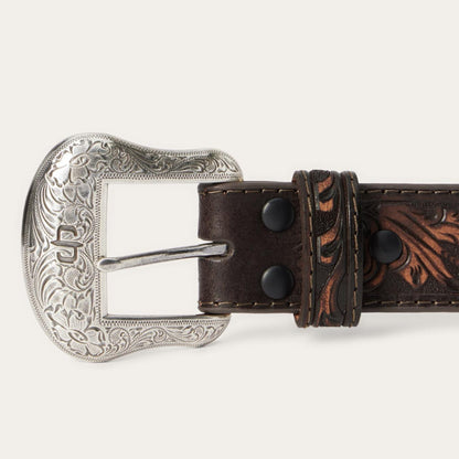 Men Belts Stetson Embroidered Tooled Tab Belt Vintage Brown
