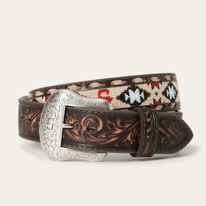 Men Belts Stetson Embroidered Tooled Tab Belt Vintage Brown