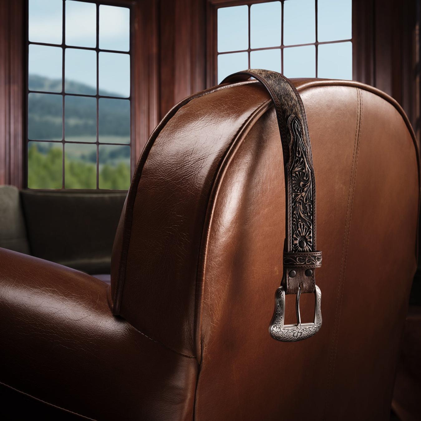 Men Belts Stetson Hair-on-Hide Tooled Tab Belt Vintage/brown