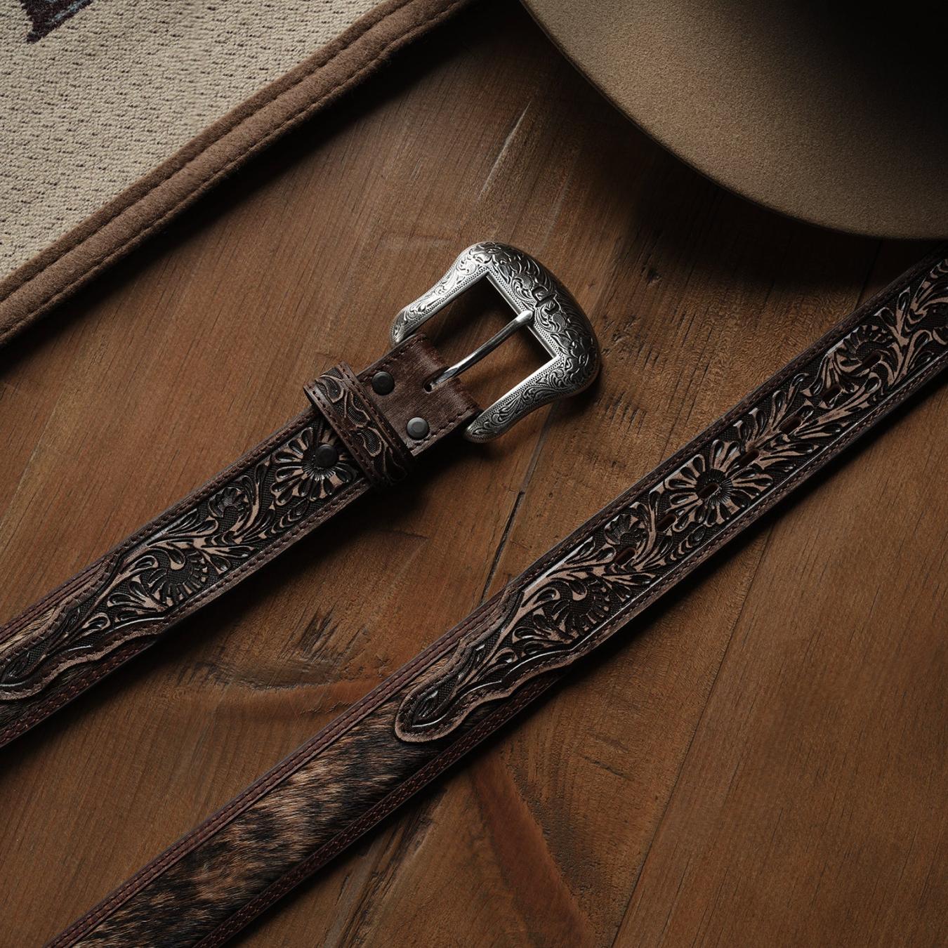 Men Belts Stetson Hair-on-Hide Tooled Tab Belt Vintage/brown