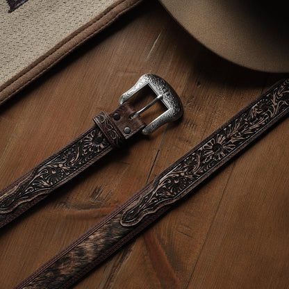 Men Belts Stetson Hair-on-Hide Tooled Tab Belt Vintage/brown