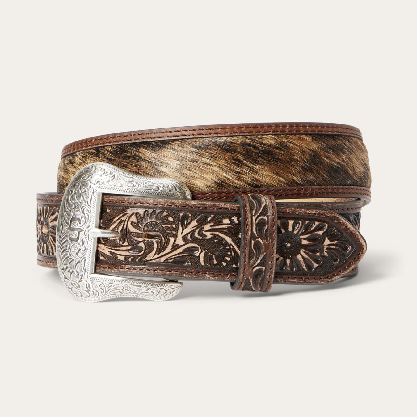 Men Belts Stetson Hair-on-Hide Tooled Tab Belt Vintage/brown