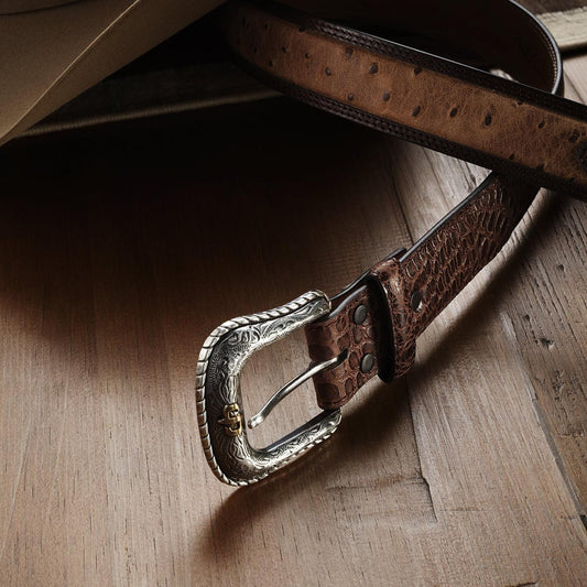 Men Belts Stetson Ostrich Print Croco Embossed Western Tabs Belt Cognac/california Nut