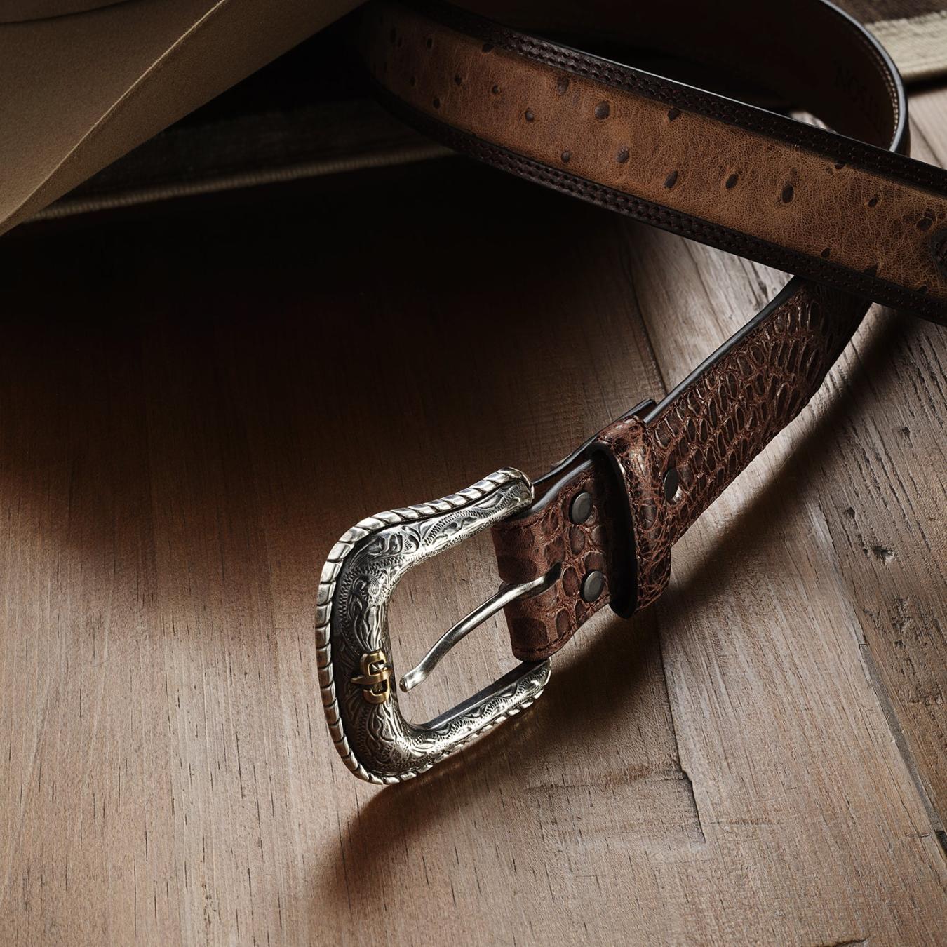 Men Belts Stetson Ostrich Print Croco Embossed Western Tabs Belt Cognac/california Nut