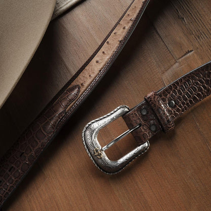 Men Belts Stetson Ostrich Print Croco Embossed Western Tabs Belt Cognac/california Nut