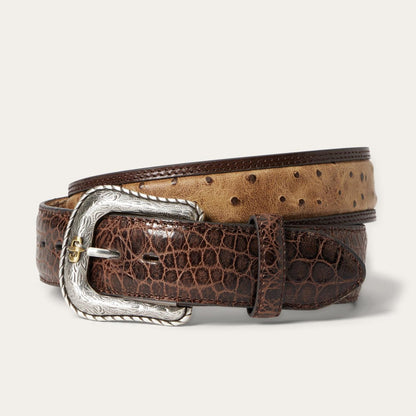 Men Belts Stetson Ostrich Print Croco Embossed Western Tabs Belt Cognac/california Nut