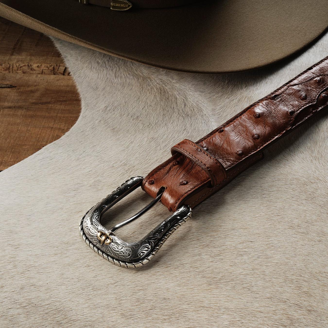 Men Belts Stetson Ostrich Western Tab Belt Antique Cognac