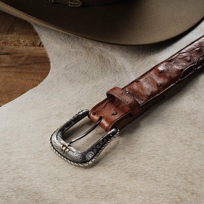 Men Belts Stetson Ostrich Western Tab Belt Antique Cognac