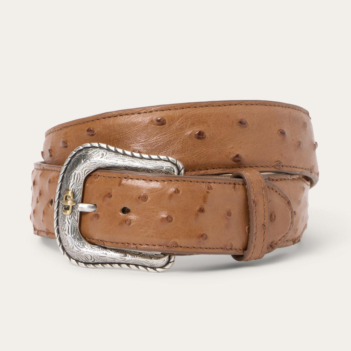 Men Belts Stetson Ostrich Western Tab Belt Antique Cognac
