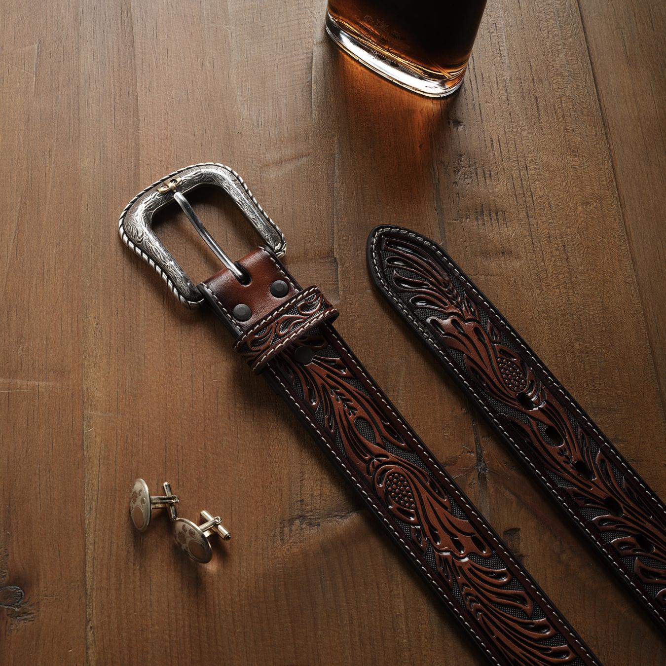 Men Belts Stetson Tooled Belt Dark Brown