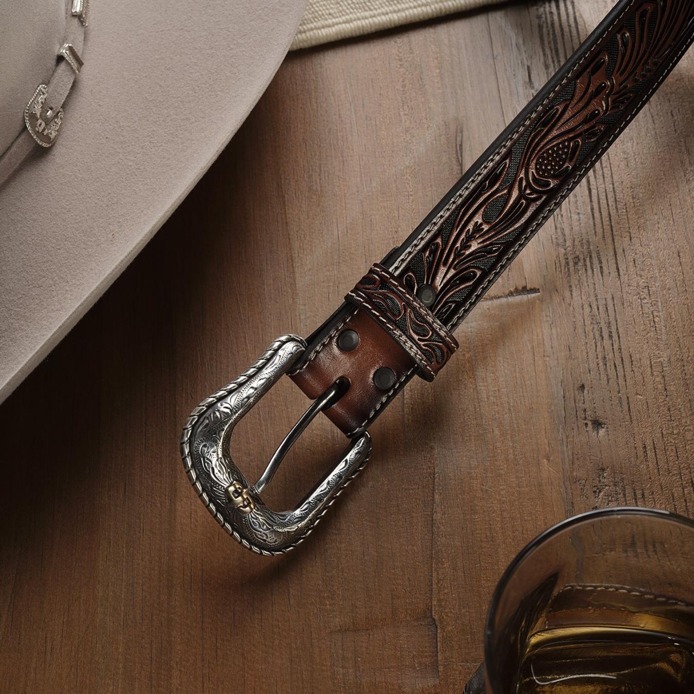 Men Belts Stetson Tooled Belt Dark Brown