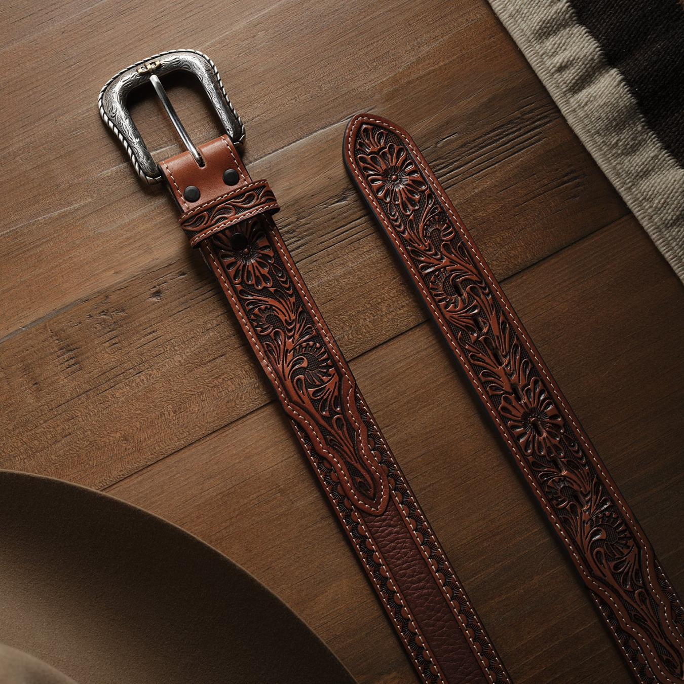 Men Belts Stetson Tooled Tab Belt Cognac