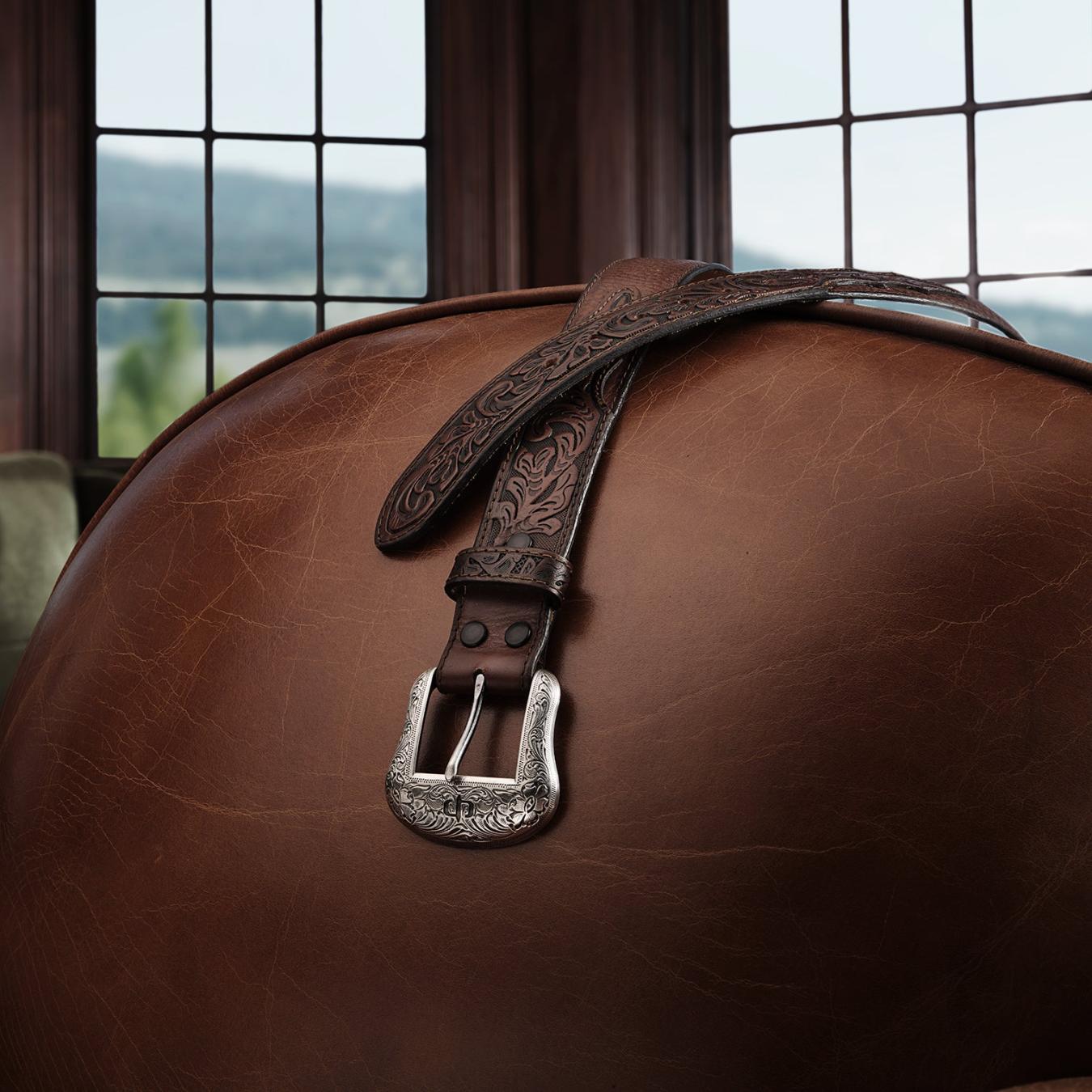 Men Belts Stetson Tooled Tab Belt Cognac