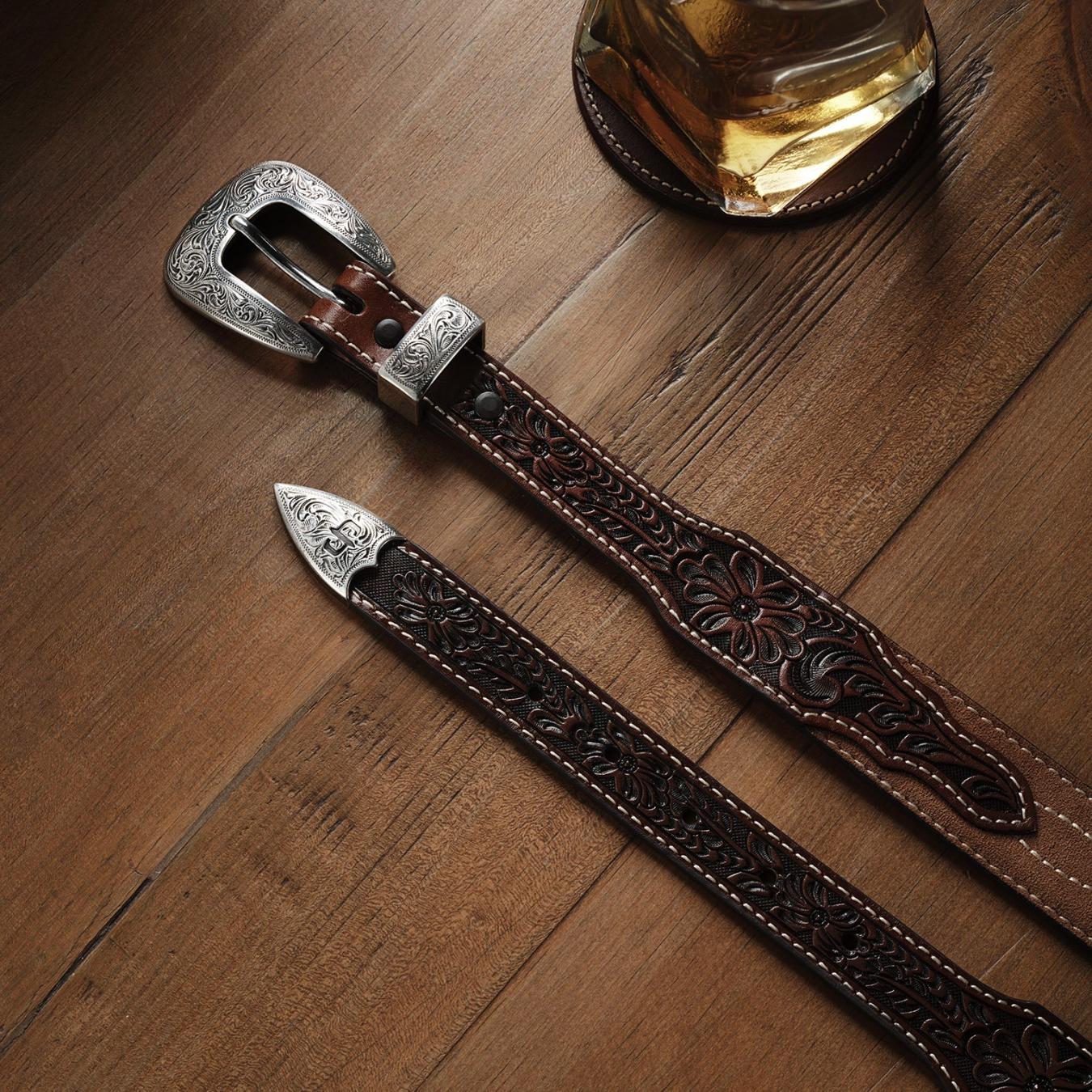 Men Belts Stetson Tooled Tapered Belt Brown/sand