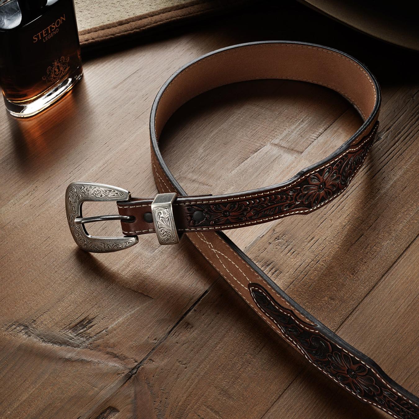 Men Belts Stetson Tooled Tapered Belt Brown/sand