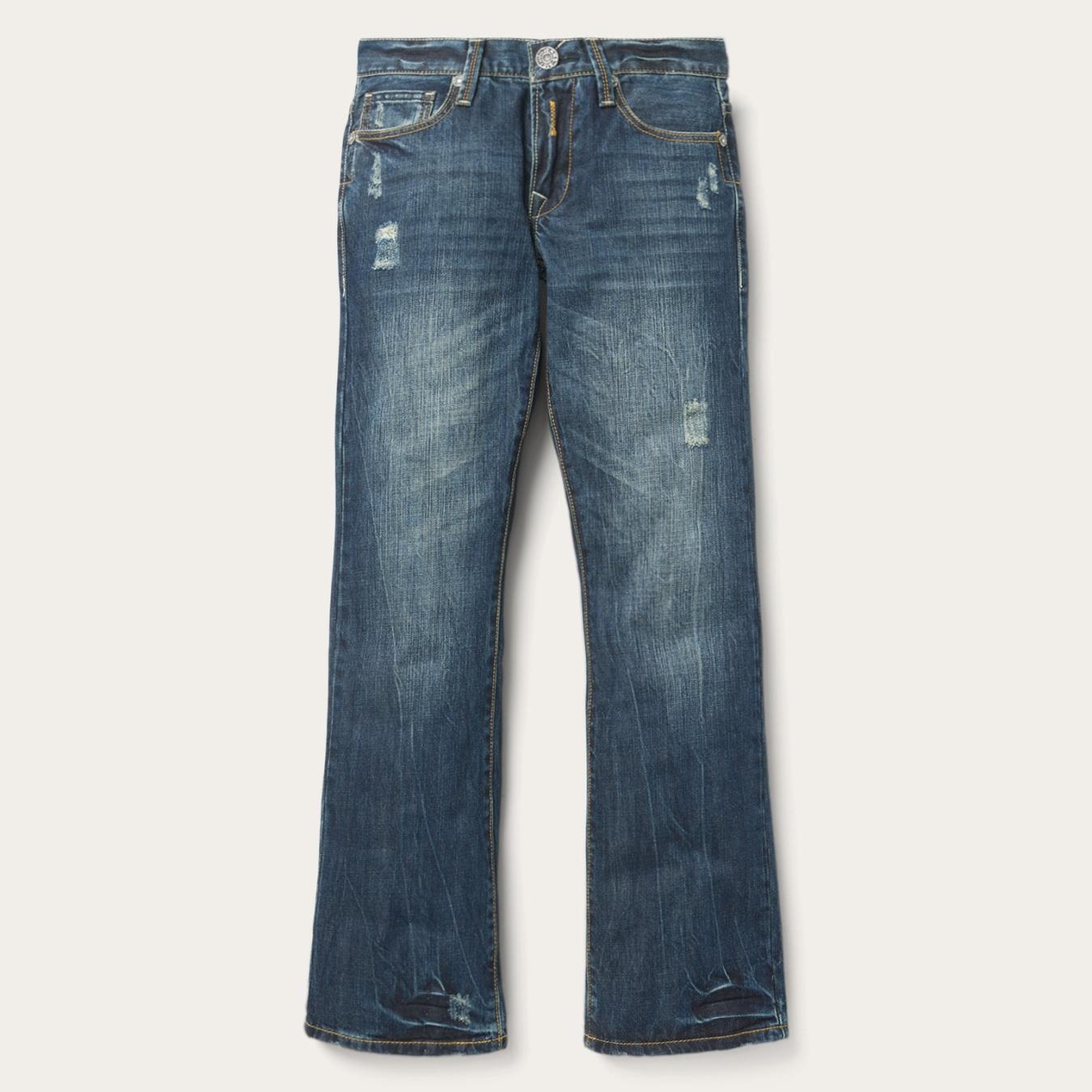 Men Boot Cut Stetson 1014 Fit Destructed Dark Wash Jeans Blue