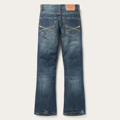 Men Boot Cut Stetson 1014 Fit Destructed Dark Wash Jeans Blue