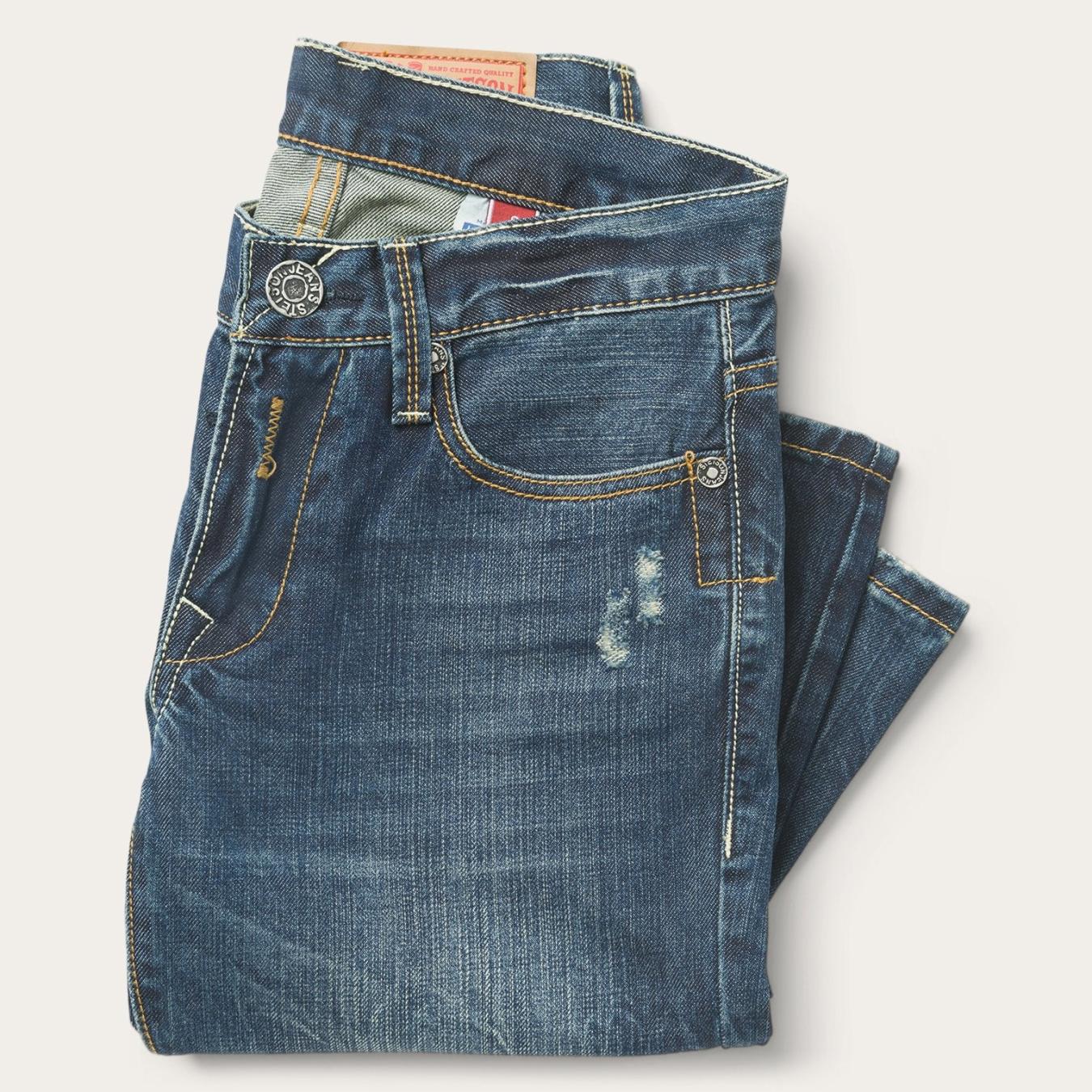 Men Boot Cut Stetson 1014 Fit Destructed Dark Wash Jeans Blue