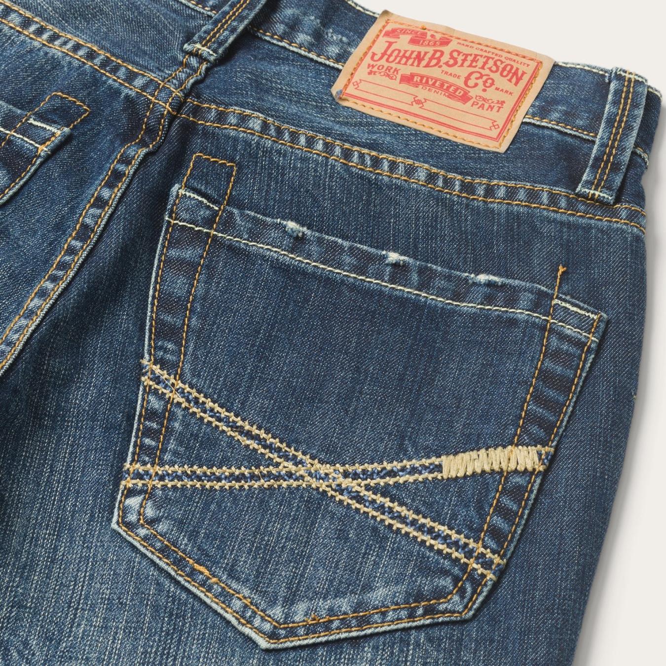 Men Boot Cut Stetson 1014 Fit Destructed Dark Wash Jeans Blue