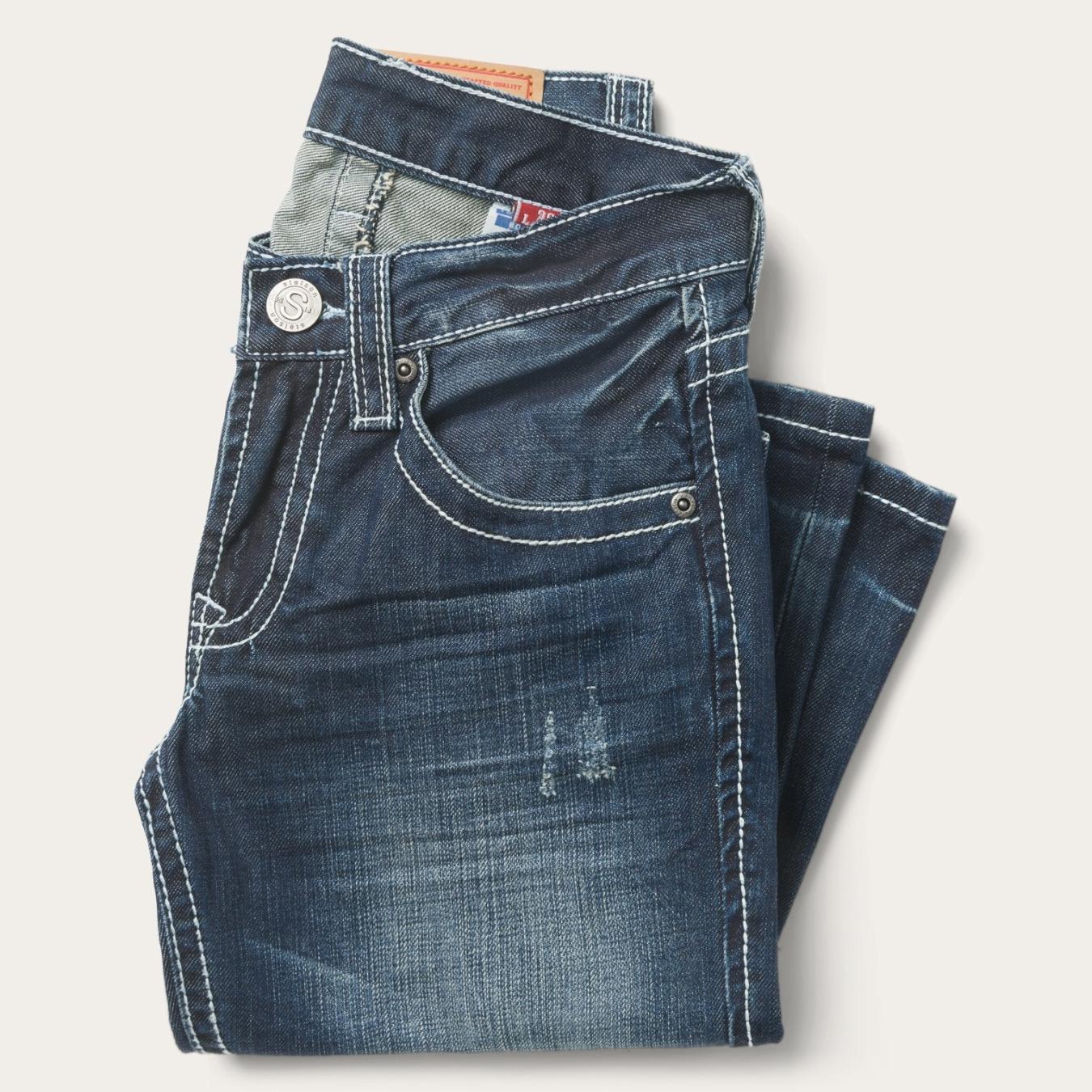 Men Boot Cut Stetson 1014 Fit Destructed Medium Wash Jeans Blue