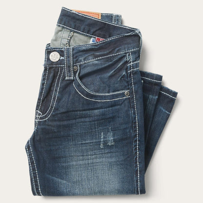 Men Boot Cut Stetson 1014 Fit Destructed Medium Wash Jeans Blue