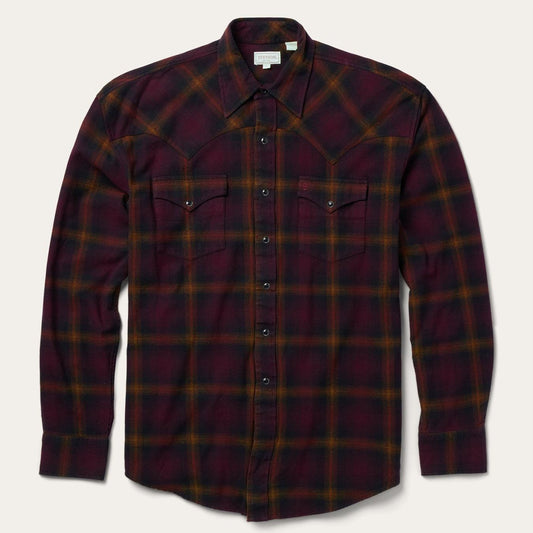 Men Classic Cut Stetson Black Wine Plaid Flannel Western Shirt Wine