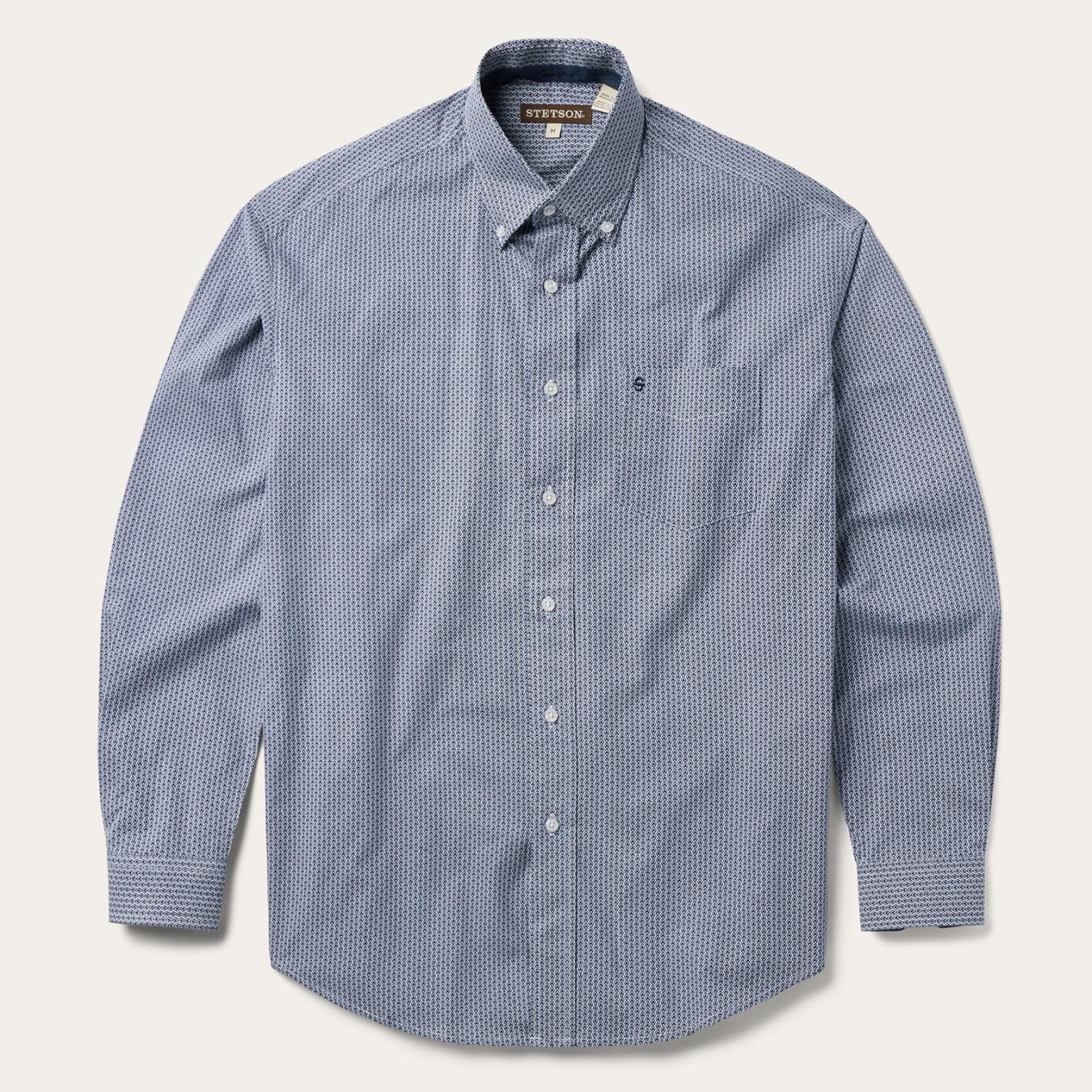 Men Classic Cut Stetson Blue Deco Geo Print Button Front Shirt Blue