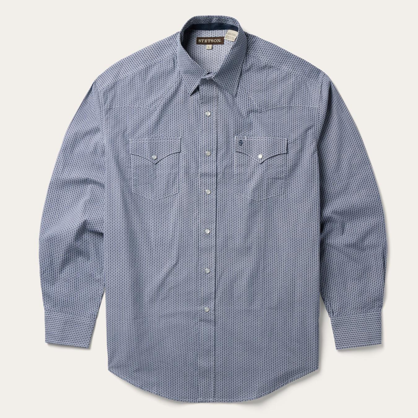 Men Classic Cut Stetson Blue Deco Geo Print Western Shirt Blue