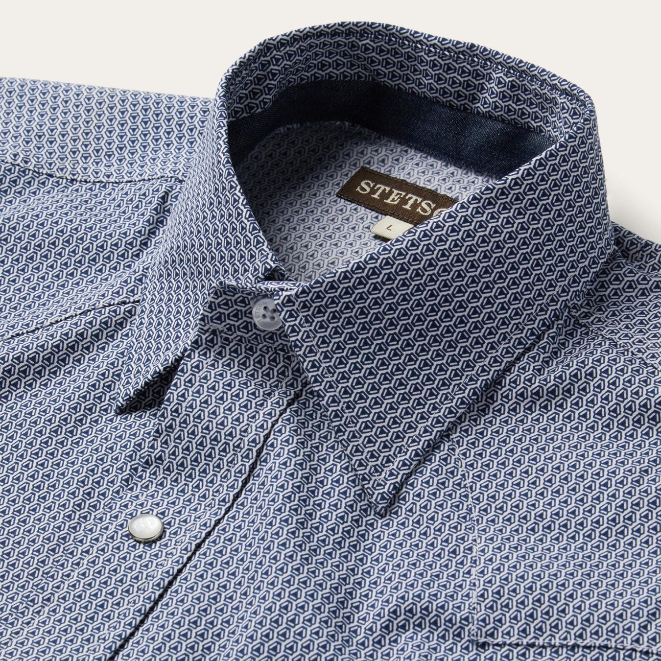 Men Classic Cut Stetson Blue Deco Geo Print Western Shirt Blue