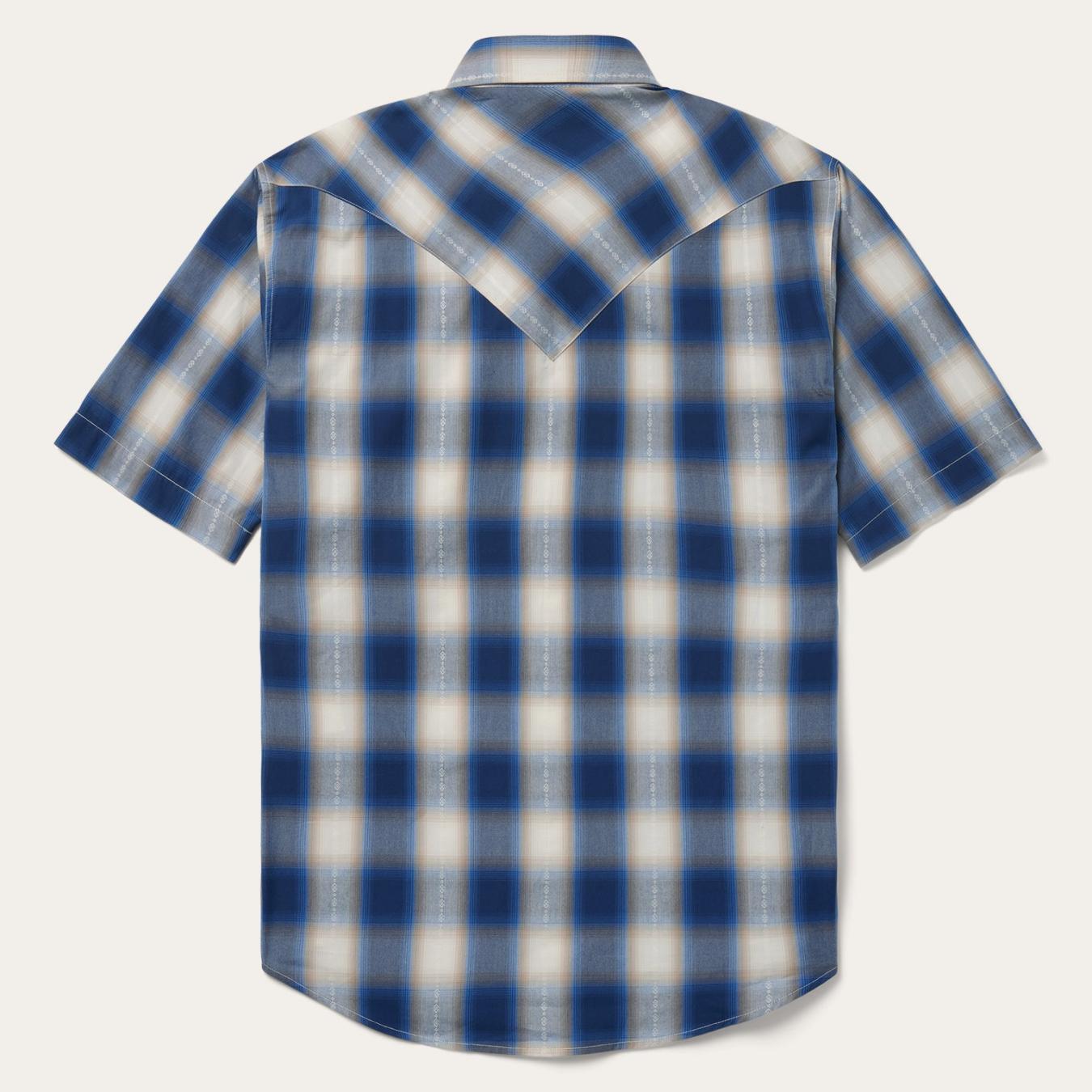 Men Classic Cut Stetson Blue Ombre Plaid Short Sleeve Western Shirt Blue