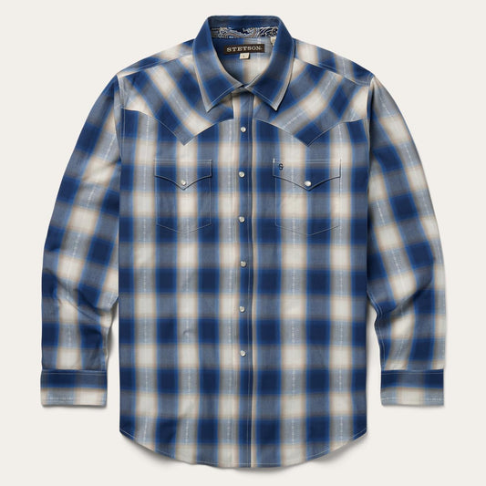 Men Classic Cut Stetson Blue Ombre Plaid Western Shirt Blue