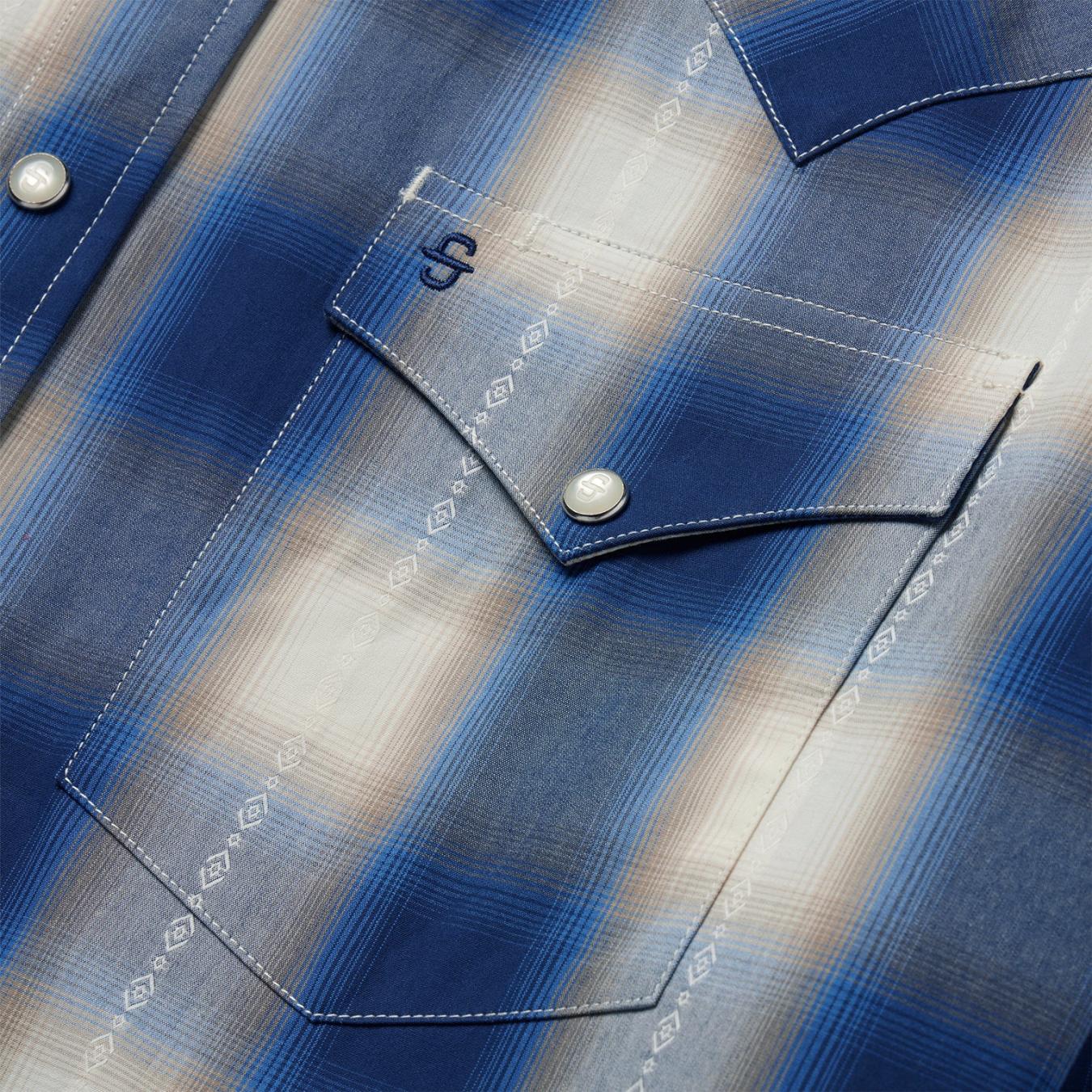 Men Classic Cut Stetson Blue Ombre Plaid Western Shirt Blue