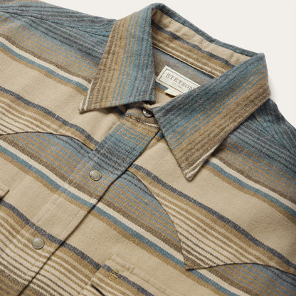 Men Classic Cut Stetson Blue Stripe Flannel Western Shirt Blue