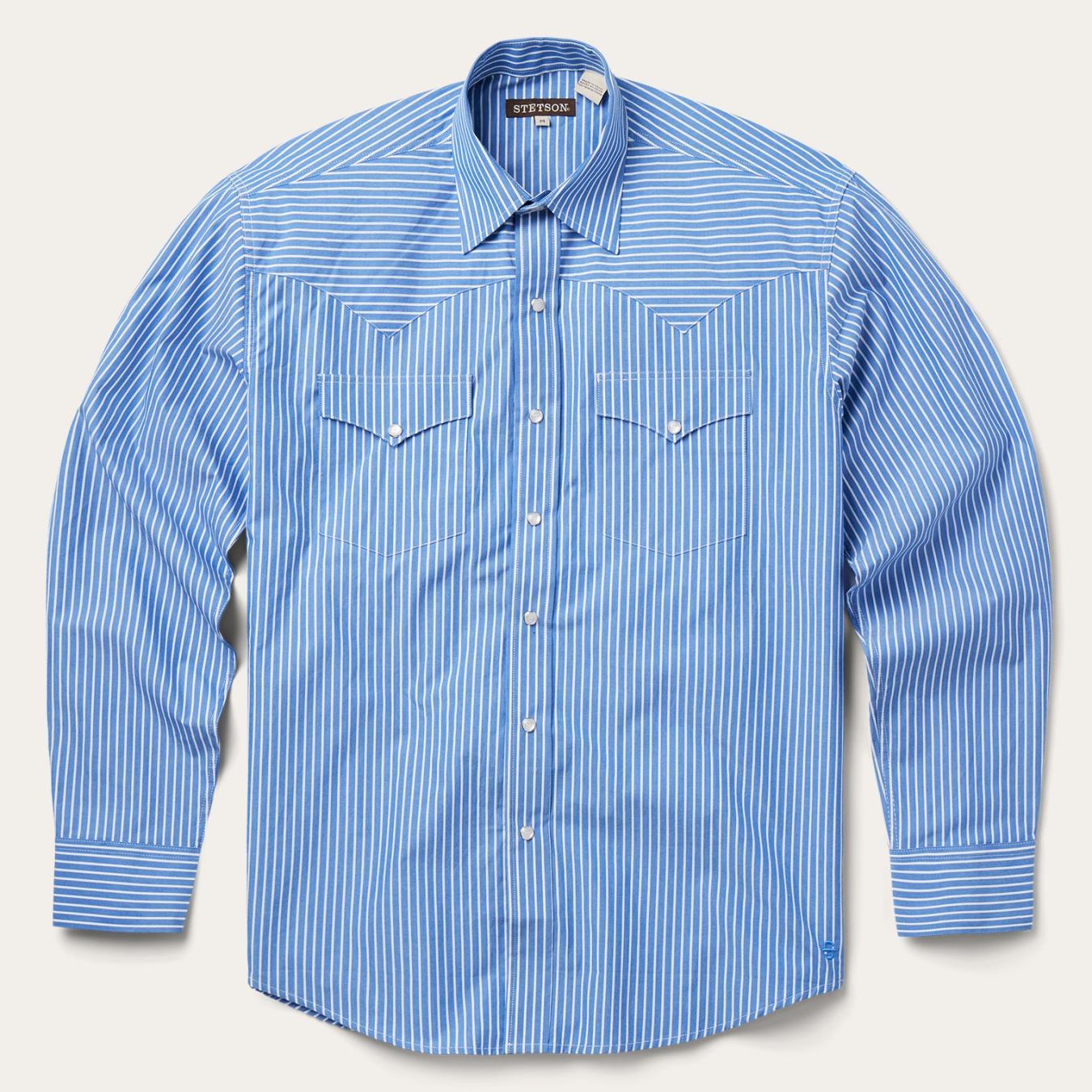 Men Classic Cut Stetson Blue Western Stripe Shirt Blue