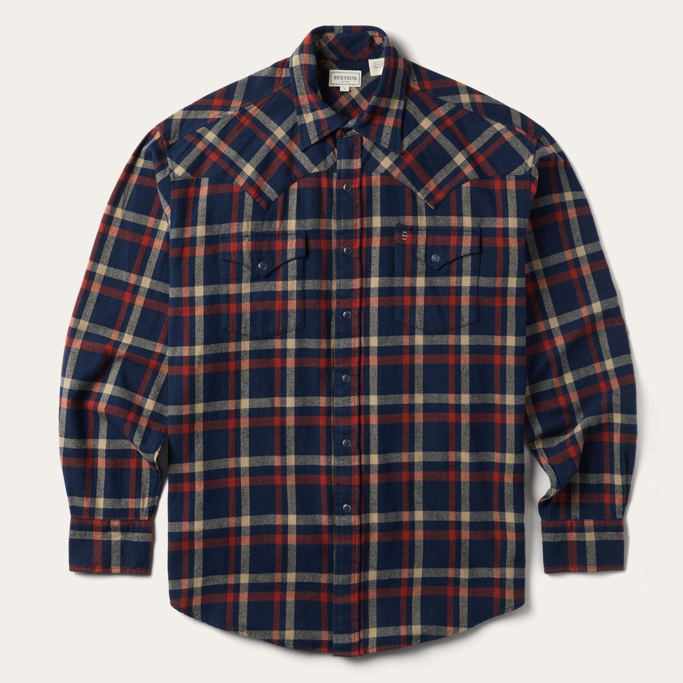 Men Classic Cut Stetson Brushed Twill Plaid Shirt Blue