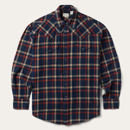 Men Classic Cut Stetson Brushed Twill Plaid Shirt Blue